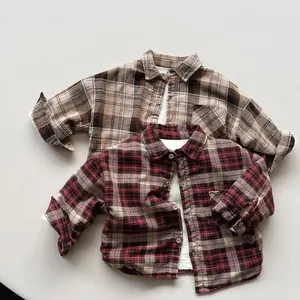 Kids Winter Fleece Lined Plaid Shirt Casual Korean Style Long Sleeve Cotton Button Down Flannel Shirt For Boys Girls