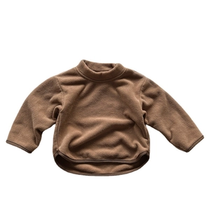 Brown fleece thermal top for kids with a high neck and soft curved hem design