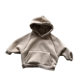Kids soft fleece hooded sweatshirt in beige khaki with kangaroo pocket and ribbed cuffs