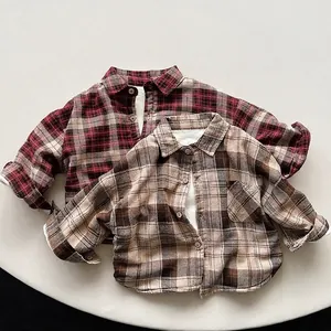 Fleece-lined plaid shirts for kids featuring warm sherpa interior in red and brown