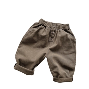 Kids minimalist dark brown casual fleece-lined trousers with elastic waist and button detail