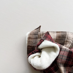 Fleece-lined plaid flannel shirt for kids featuring warm retro red and beige checkered pattern