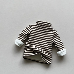 Detail of children's striped thermal top with thick fleece lining for winter warmth
