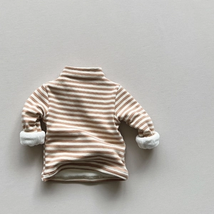 Detail of warm fleece lining and half-turtleneck on kids striped thermal shirt