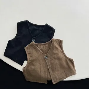 Kids Cotton V-Neck Waistcoat Simple Japanese Korean Style Vintage Solid Color Single Button Vest For Boys Girls Clothing