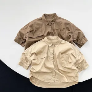 Chemise à Manches Longues en Coton Large Style Coréen pour Enfants Couleur Unie Décontractée Style Mori avec Col