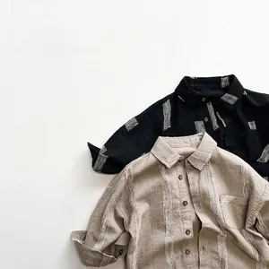 Chemise à Manches Longues en Coton pour Enfants Style Coréen Kaki Noir Haut Boutonné Texturé pour Garçons Filles Printemps Automne
