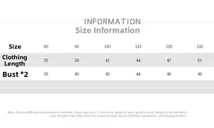 Detailed size chart for children's vest with chest and length measurements in centimeters