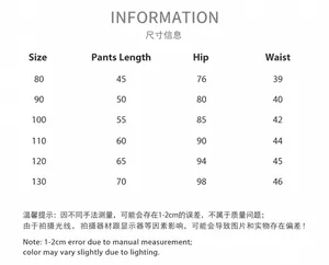Tabella taglie dettagliata per pantaloni patchwork a righe bimbi con misure e lunghezza