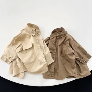Chemises amples à manches longues en coton pour enfants, style coréen minimaliste en marron