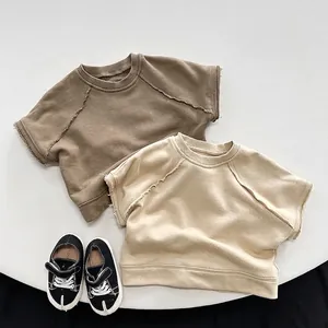 Kids Cotton Pullover Vest Korean Style Solid Color Raglan Sleeve Raw Edge Sleeveless Sweatshirt For Boys Girls Casual Top