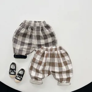 Pantalon sarouel rétro à carreaux pour enfants avec taille élastique et ourlets repliés