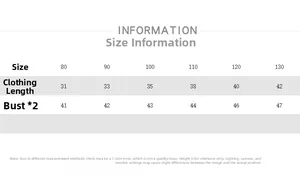 Detailed size chart for children's vest showing length and bust across sizes 80 to 130