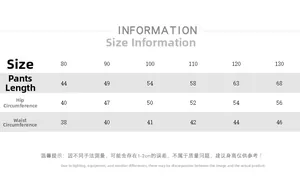 Detailed size chart for kids cotton casual pants showing length, waist and hip measurements