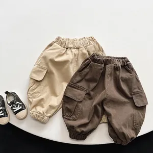 Kids Cargo Pants Retro Korean Style Toddler Boys Girls Casual Multi-Pocket Elastic Waist Cotton Trousers For Spring Autumn