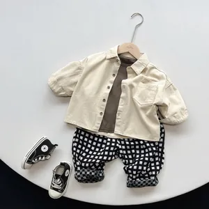 Ensemble chemise vintage enfant style coréen et pantalon à carreaux en coton naturel