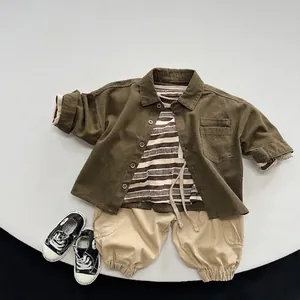 Kids vintage olive green shirt set with striped tee and khaki cargo pants outfit