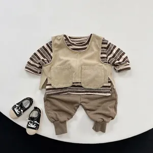 Three-piece Korean style kids outfit with striped shirt, khaki vest, and brown pants