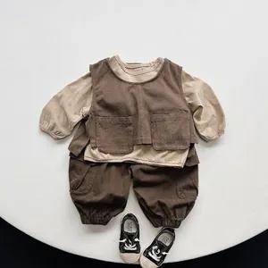 Vintage style kids three-piece cargo outfit set with khaki top and brown vest