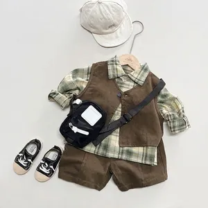 Kids vintage plaid shirt and brown vest shorts outfit set with accessories