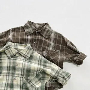Kids Retro Plaid Shirt Cotton Long Sleeve Thin Jacket Top For Boys Girls Spring Autumn Korean Style Button Down Shirts