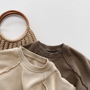 Detail of Korean style cotton sweatshirts with raw edge seams in coffee and apricot