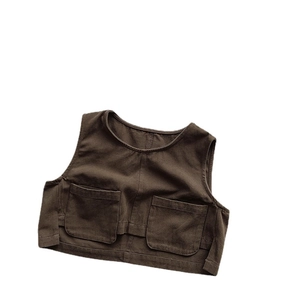 Kids vintage dark brown canvas utility vest with double pockets and round neck