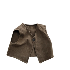 Vintage kids V-neck brown cotton vest jacket in a simple retro Japanese style