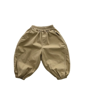 Kids casual khaki cotton harem pants with elastic waistband and gathered ankles