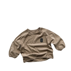 Kids long sleeve dark khaki crewneck sweatshirt with happy time children logo patch