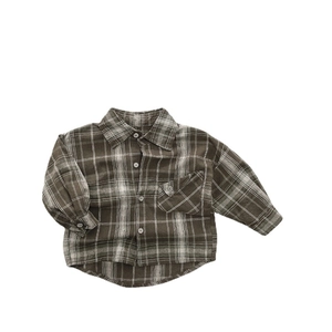 Kids vintage plaid long sleeve cotton shirt with buttons and front pocket on white back