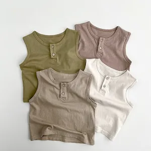 Detail view of four cotton Henley vests for kids in olive, pink, oat, and white tones