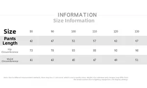 Detailed size chart for children's lightweight pants showing length, hip and waist measurements