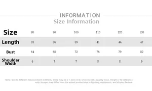 Detailed size chart for kids' sleeveless T-shirt with measurements for height and width