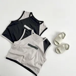 Toddler summer set featuring black and grey sleeveless cotton vests with beige beach sandals