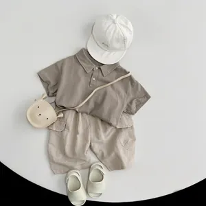 Kids minimalist taupe polo shirt and khaki cargo shorts summer outfit set for boys