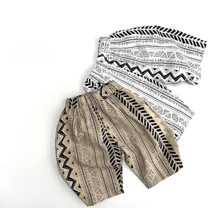 Detailed flat lay of geometric pattern kids cotton shorts with comfortable elastic waist
