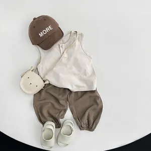 Breathable cotton linen kids summer set with sleeveless top and brown loose joggers