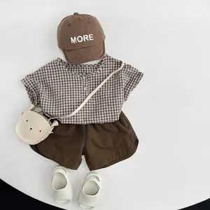 Korean style kids summer cotton plaid shirt and shorts outfit set with matching brown cap