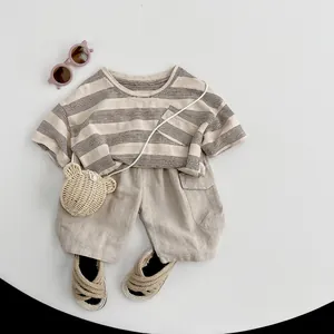 Kids Korean style striped t-shirt and beige linen shorts set for summer fashion