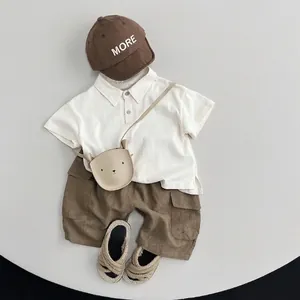 Kids cotton short sleeve polo shirt set with cargo shorts and bear crossbody bag