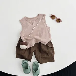Kids cotton linen summer set with sleeveless top and dark brown cargo shorts