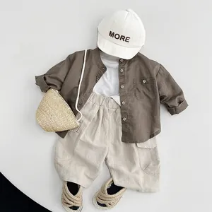 Kids linen cotton shirt set in dark coffee with beige pants and white sun hat