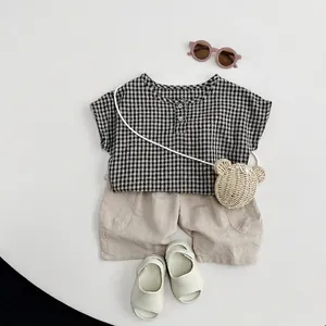 Kids summer plaid shirt and beige shorts set with mini bear crossbody bag