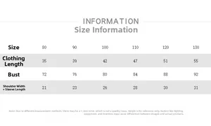Detailed size chart for kids raglan t-shirt showing measurements from 80 to 130 cm