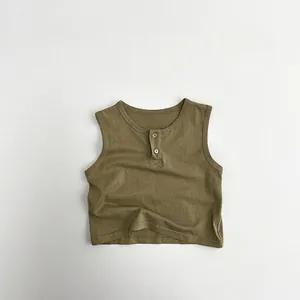 Close-up of olive green knit cotton Henley vest with two wooden buttons for kids