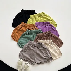 Kids Slub Cotton Shorts Summer Casual Korean Style Elastic Waist Solid Color Curved Hem Breathable Soft Bottoms For Boys Girls