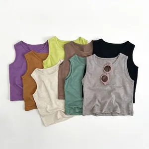 Kids Slub Cotton Tank Top Summer Solid Color Sleeveless T-Shirt For Boys Girls Casual Soft Breathable Round Neck Vest Top