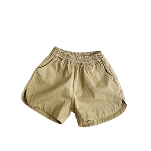 Pantaloncini vintage in cotone per bambini color kaki con vita alta e orlo curvo
