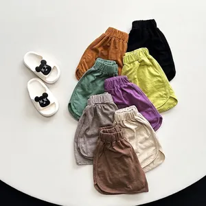 Kids slub cotton summer shorts in 8 Morandi colors with elastic waist for boys and girls